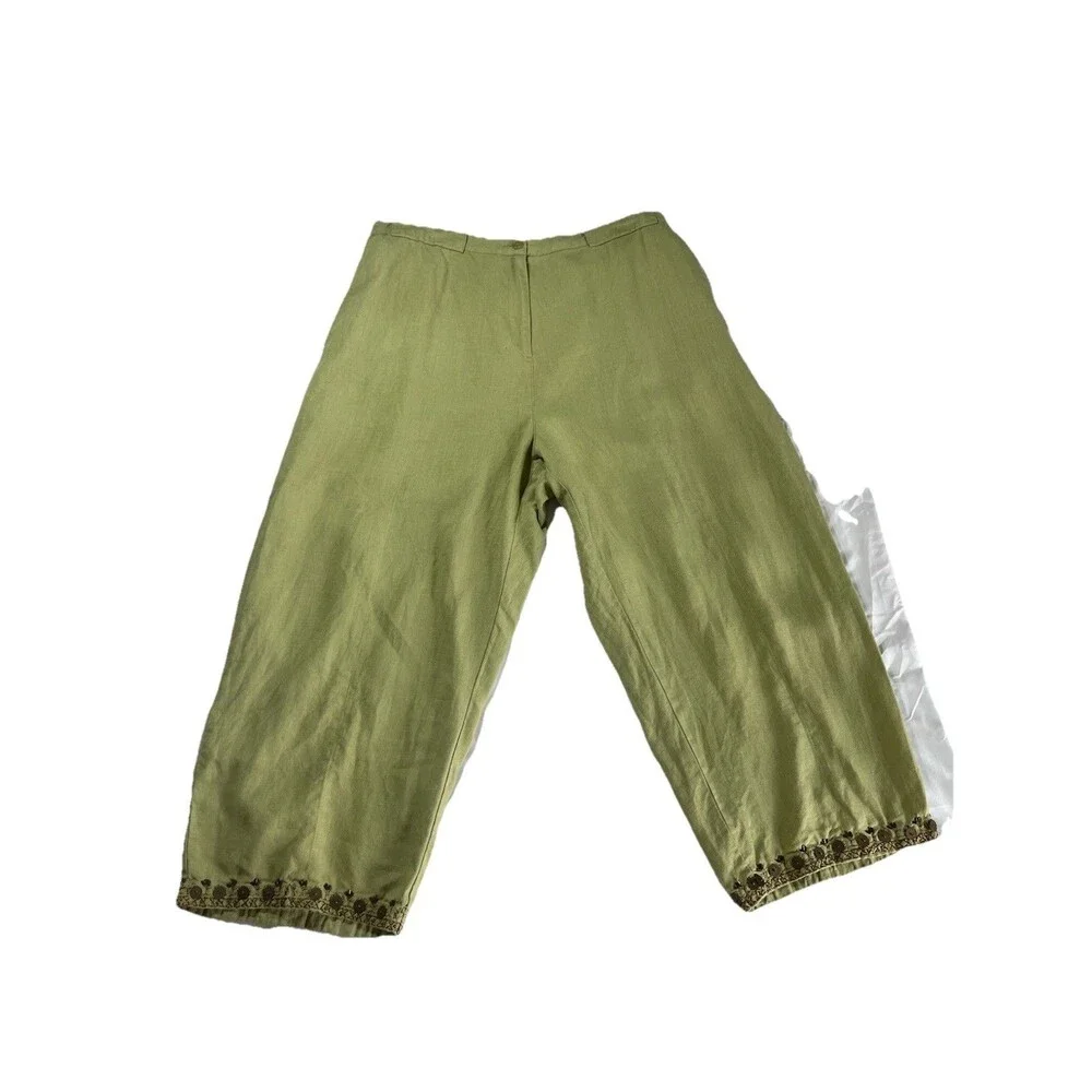 JM Collection Pants Size 16 100% Linen Green Beaded Embellished Leg Hem Pockets